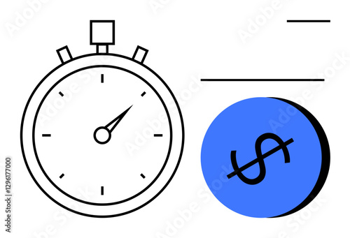 Stopwatch indicating time, next to a blue circle featuring a dollar sign, alongside abstract lines. Ideal for efficiency, time management, financial planning, deadlines, productivity, business