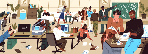Chaos in office. Problems with management, organization at work concept. Unorganized workers, lazy employees' team conflict, mess at workplace. Business teamwork trouble. Flat vector illustration