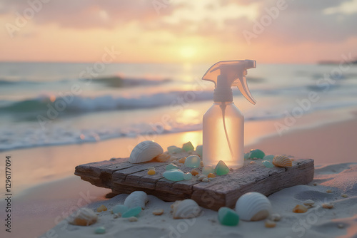 Natural Non Toxic Homemade Cleaning Product - Spry bottle - DIY - on a wooden platform on the beach - AI generated photo