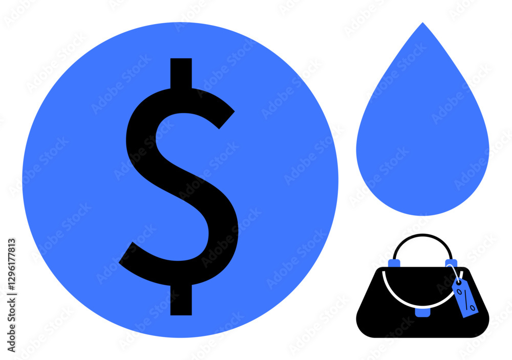 Large blue dollar sign, blue water droplet, and black handbag with blue details. Ideal for finance, sustainability, fashion, wealth, shopping economy and conservation discussions. Simple abstract