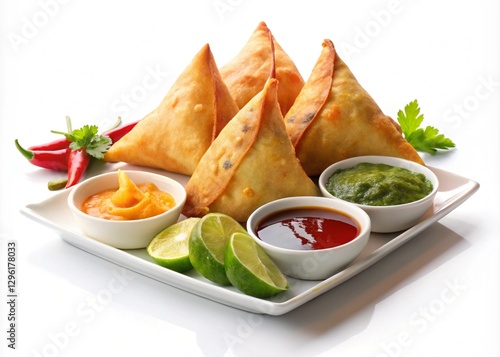 Samosa on Dish Food Appetizer Condiment in Plate on a White Background