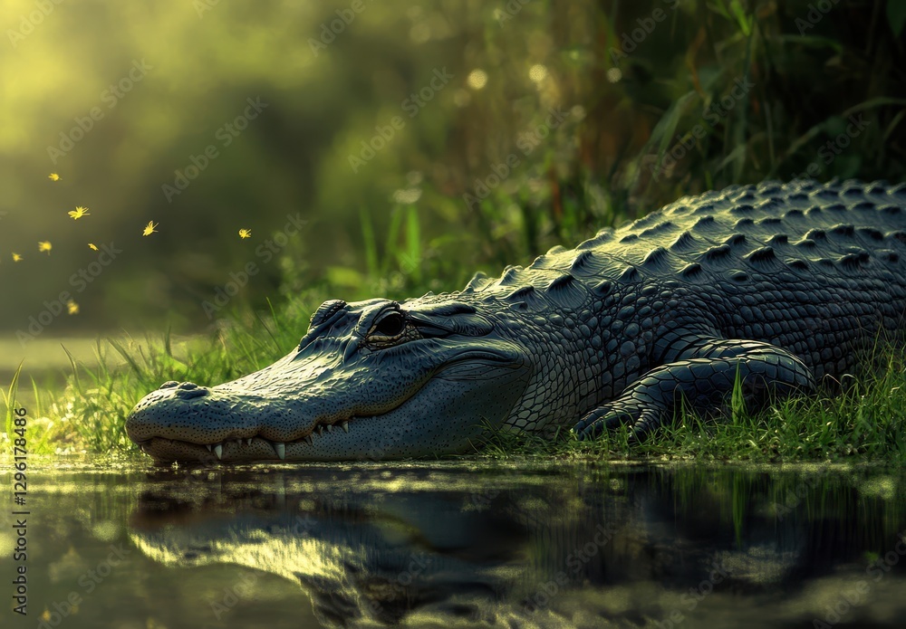Fototapeta premium Serene Alligator Relaxing by the Water's Edge Underneath Golden Light with Soft Background and Reflections in the Calm Water Surface