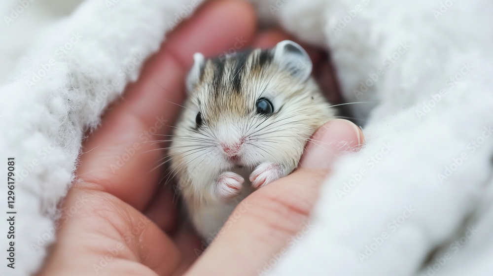 Tiny hamster resting in a person's hand while being wrapped in a soft blanket Tiny hamster resting in a person's hand while being wrapped in a soft blanket