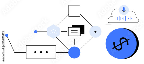 Geometric shapes, cloud storage icon with microphone, financial symbol, lines connecting nodes. Ideal for technology, finance, cloud computing, data integration, voice recognition information