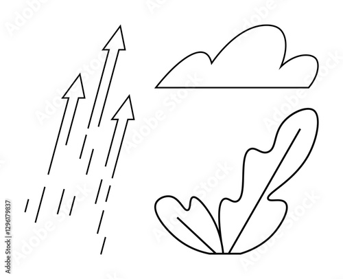 Arrows pointing upward, abstract cloud outline, leaf illustration. Ideal for growth, success, nature, progress, environment upward trends motivation sustainability. Serves as an abstract line flat