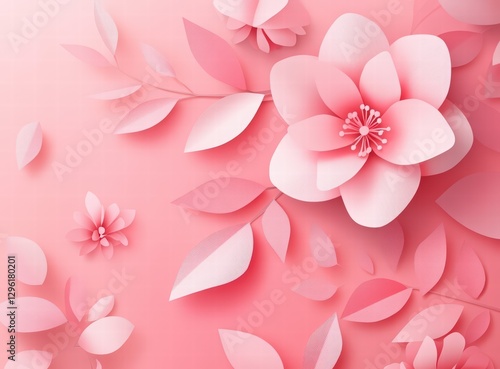 Spring sale banner template with paper cut flowers and leaves on pink background. Springtime special offer poster or card design for advertising, promotion of goods in shop.