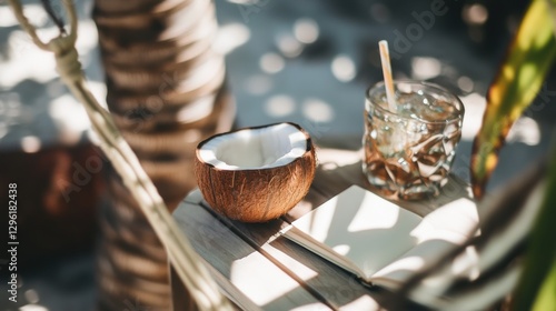Fototapeta Naklejka Na Ścianę i Meble -  Enjoying tranquility in a hammock on a Caribbean beach with an open book and coconut drink close by for ultimate summer relaxation