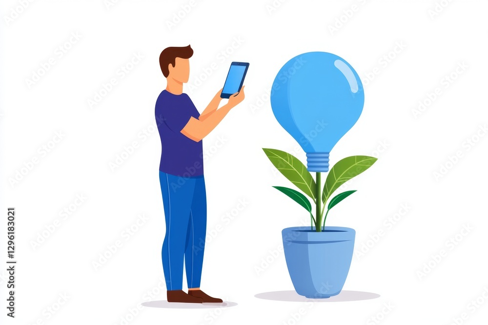 a 2D cartoon illustration of a person setting up a smart lighting system, efficient and digital, white background