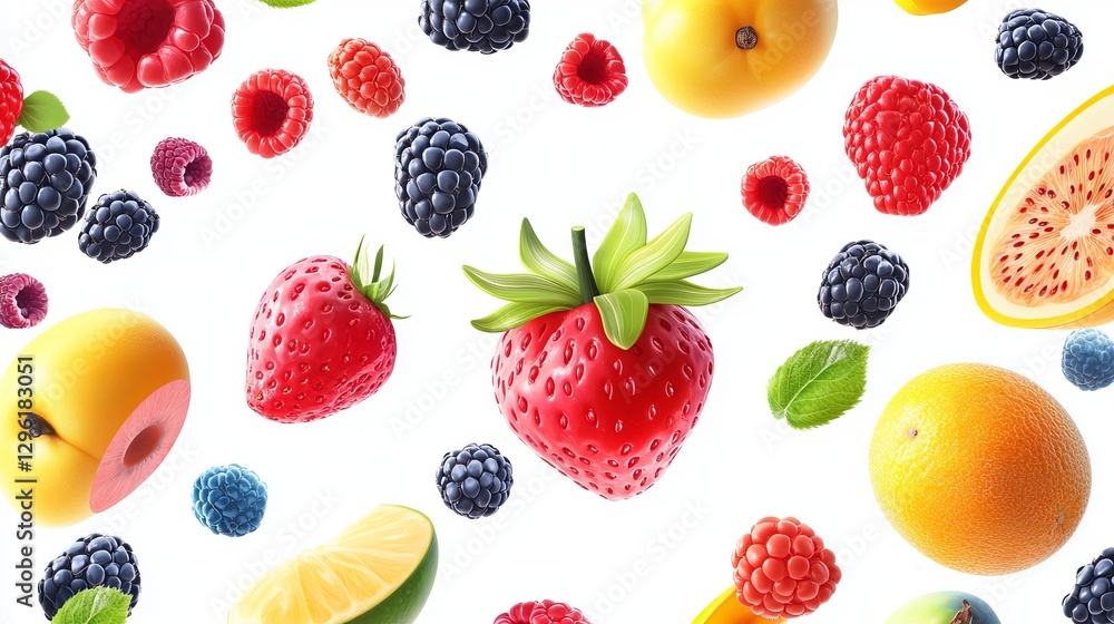 Flying mix of berries and tropical fruits isolated on a white background Vector 3D illustration Food concept Flying mix of berries and tropical fruits isolated on a white background Vector 3D illustration Food concept