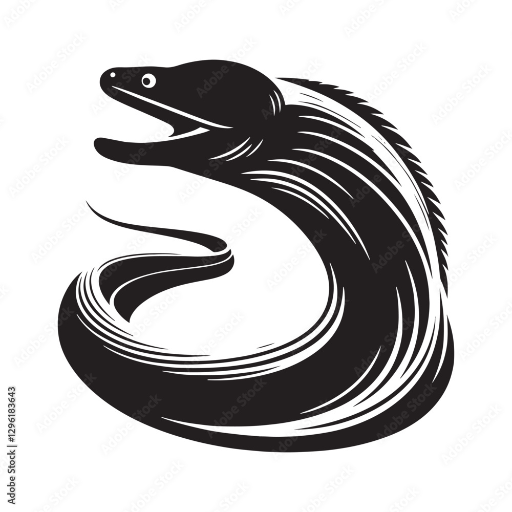 Naklejka premium Stealthy Moray Eel silhouette, hiding in the ocean’s shadows - Moray Eel illustration - Minimalist Moray Eel vector - Fish silhouette