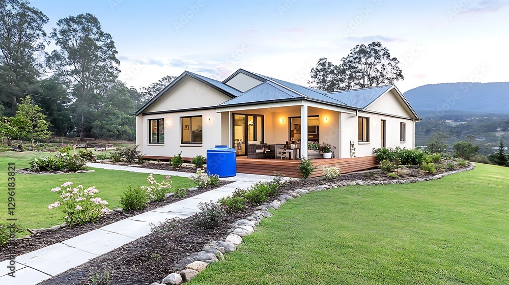 Modern Ranch Style Home Exterior Landscaped Garden Rural Setting Evening Light Modern Ranch Style Home Exterior Landscaped Garden Rural Setting Evening Light