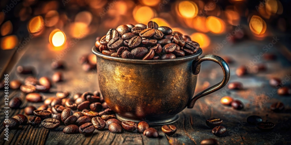 Fototapeta premium Roasted coffee beans, vintage cup, dark and rich; a nostalgic coffee scene.
