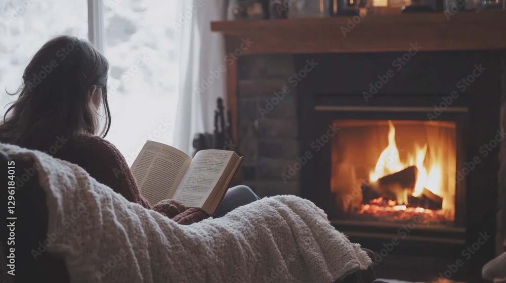 Rare illness patient sitting by a warm fireplace with a blanket, reading a book. Featuring comfort and healing