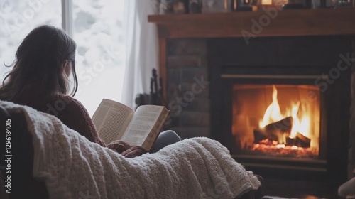 Obraz na płótnie Rare illness patient sitting by a warm fireplace with a blanket, reading a book. Featuring comfort and healing w salonie