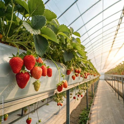 rows of fresh organic strawberries growing at green