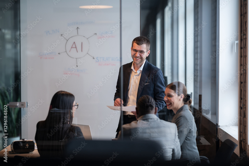 © HudHudPro - Diverse business team in a modern office during a meeting, discussing artificial intelligence strategy. Concept of AI innovation, teamwork, leadership, corporate planning, professional collaboration