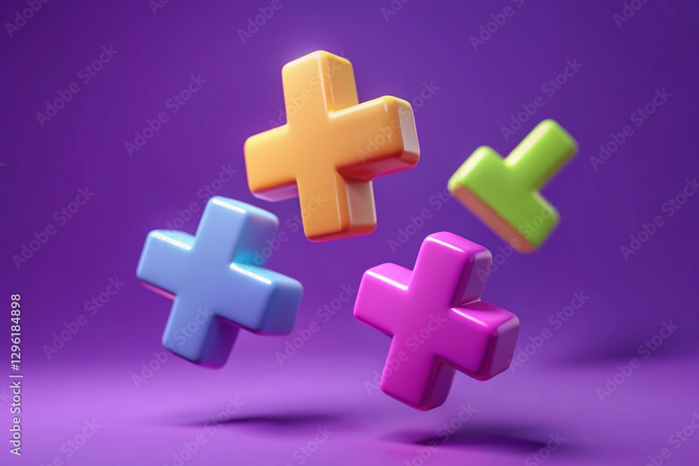 Obraz premium Colorful Math Symbols Floating on Purple: Basic Arithmetic Learning Concept