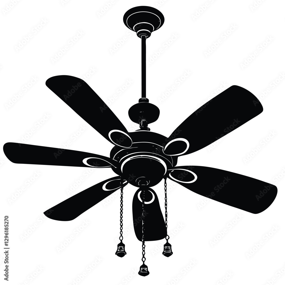 A black silhouette of a classic ceiling fan with five evenly spaced blades, A black silhouette of a classic ceiling fan with five evenly spaced blades,