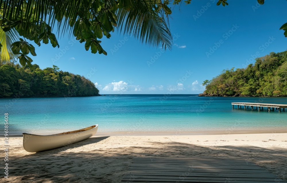 Serene Tropical Beach with Canoe and Crystal Clear Water View Serene Tropical Beach with Canoe and Crystal Clear Water View