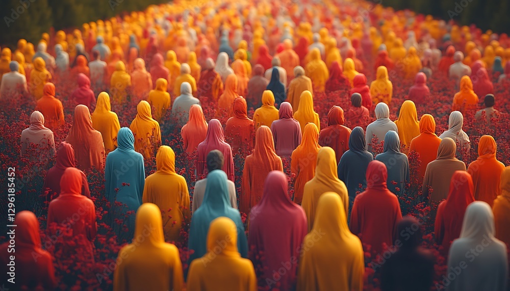 Obraz premium Vibrant Crowd in Colorful Cloaks Standing in a Field