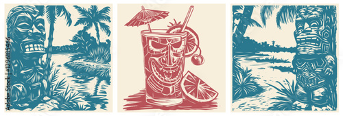 Vector illustration featuring tiki themed elements. Includes a tiki mask drink, tropical plants, and scenic beach views. Perfect for vacation and exotic themes.