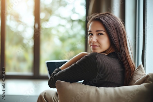 Free Download Focused woman working on a laptop in a cozy forest cabin surrounded by trees and natural light creating a peaceful working environment - GFXLoad