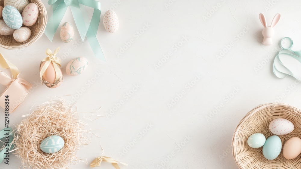 Obraz premium A creative Easter basket-making station with woven baskets, pastel ribbons, shredded paper grass, chocolate eggs, and handmade bunny plush toys