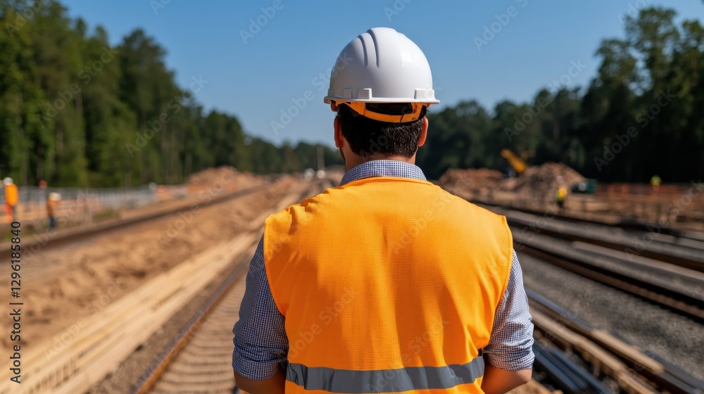 A construction worker in a safety vest and helmet oversees railway tracks amid a busy construction site surrounded by trees. A construction worker in a safety vest and helmet oversees railway tracks amid a busy construction site surrounded by trees.