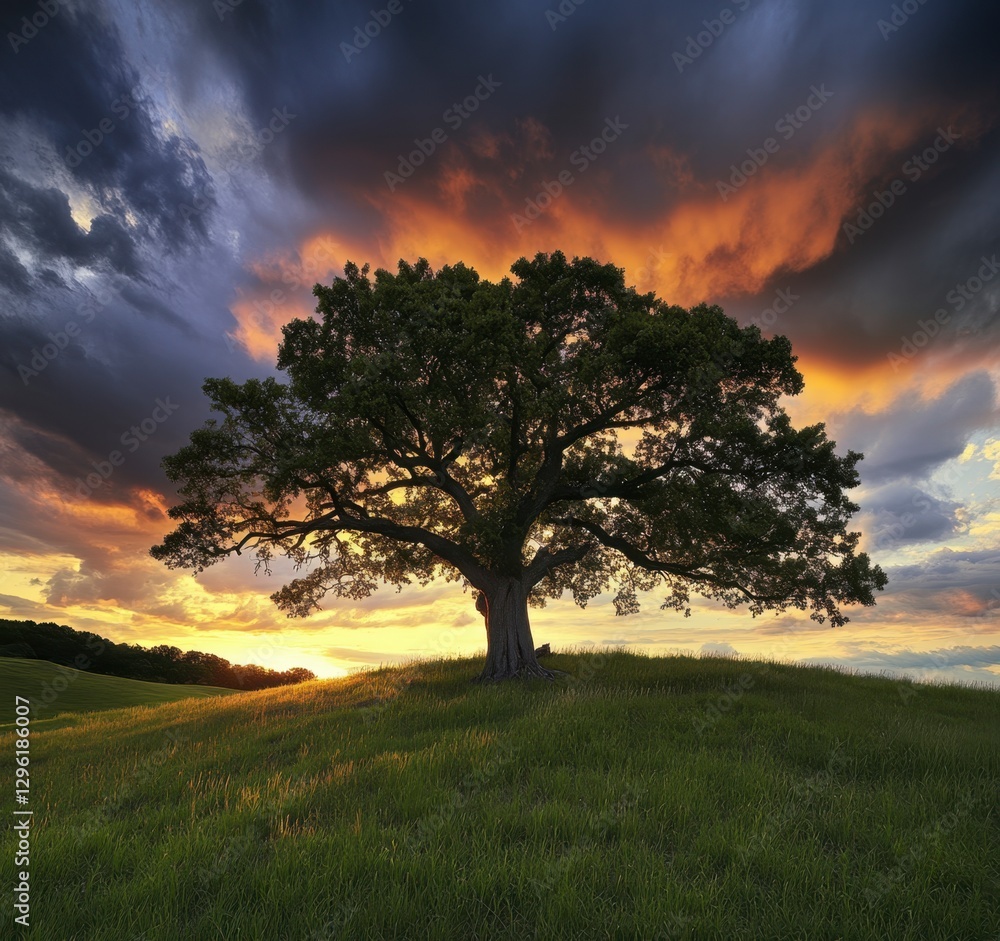 Fototapeta premium Majestic Tree Silhouetted Against Dramatic Sunset Sky Colors