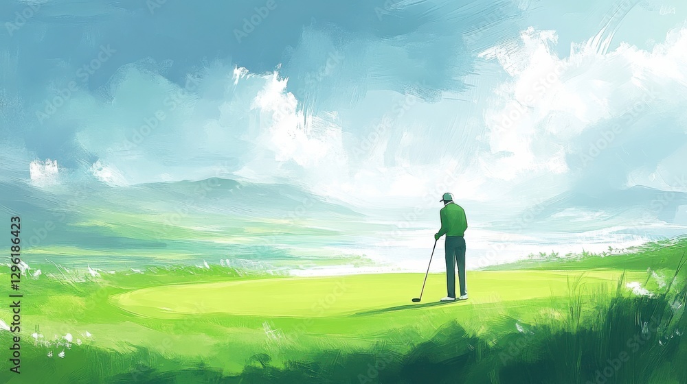 Calm Golfer in Soft Afternoon Light on Golf Course Calm Golfer in Soft Afternoon Light on Golf Course