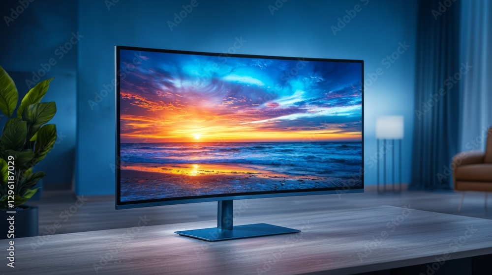 Fototapeta premium Captivating sunset reflection on curved monitor modern living room photography cozy atmosphere side view technology showcase