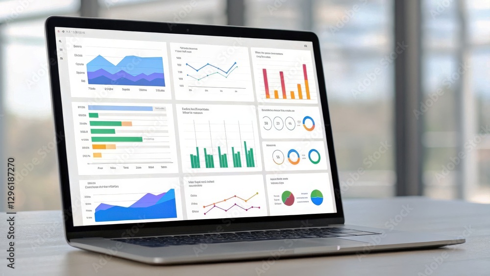 Cloud computing cost efficiency concept. Laptop displaying colorful data analytics and charts in a modern workspace setting. Cloud computing cost efficiency concept. Laptop displaying colorful data analytics and charts in a modern workspace setting.