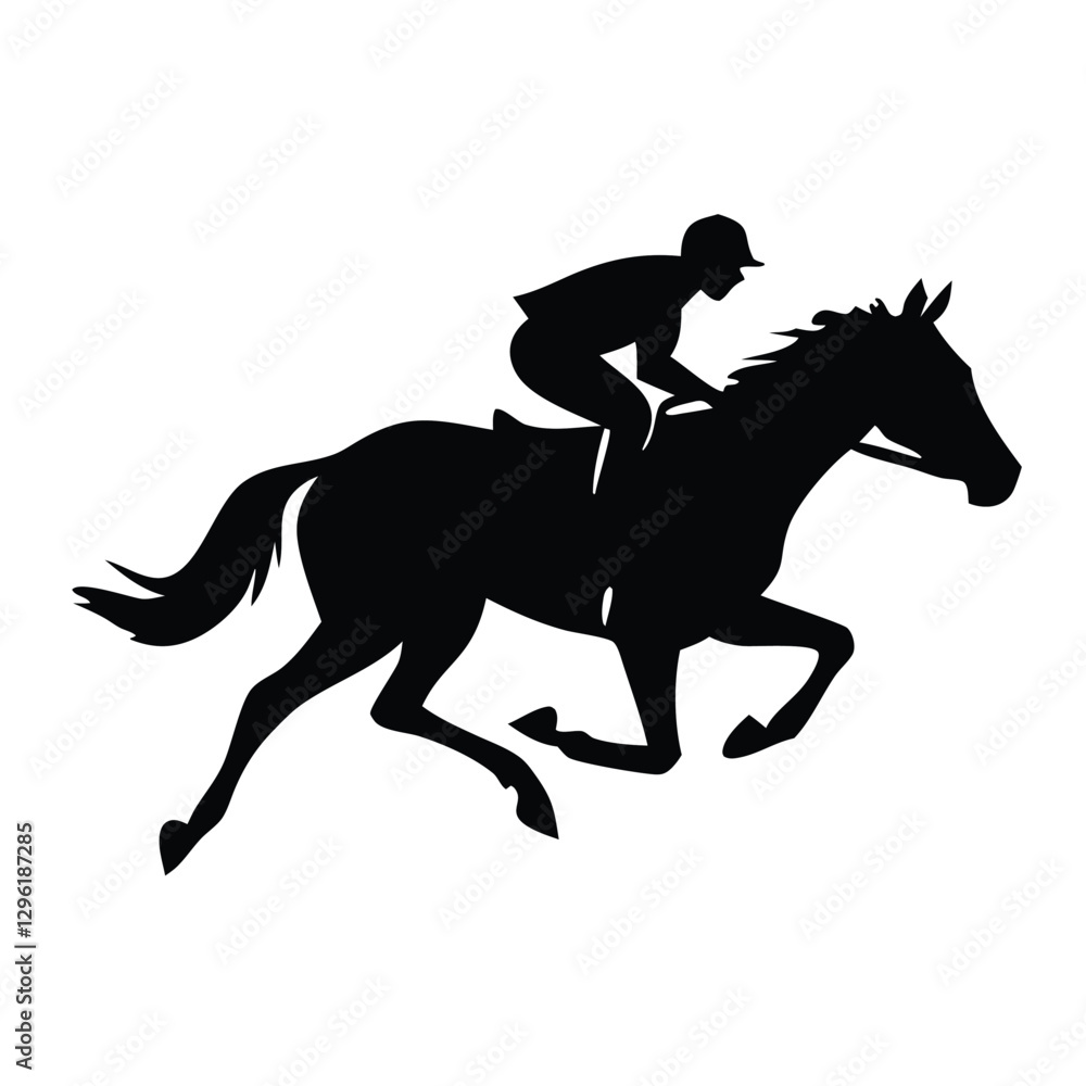 A black silhouette of a jockey riding a galloping horse, captured in mid-motion A black silhouette of a jockey riding a galloping horse, captured in mid-motion
