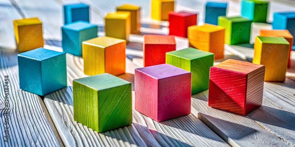 Obraz premium Colorful Wooden Blocks Geometric Shapes Shadows Rustic White Table Long Exposure Photography