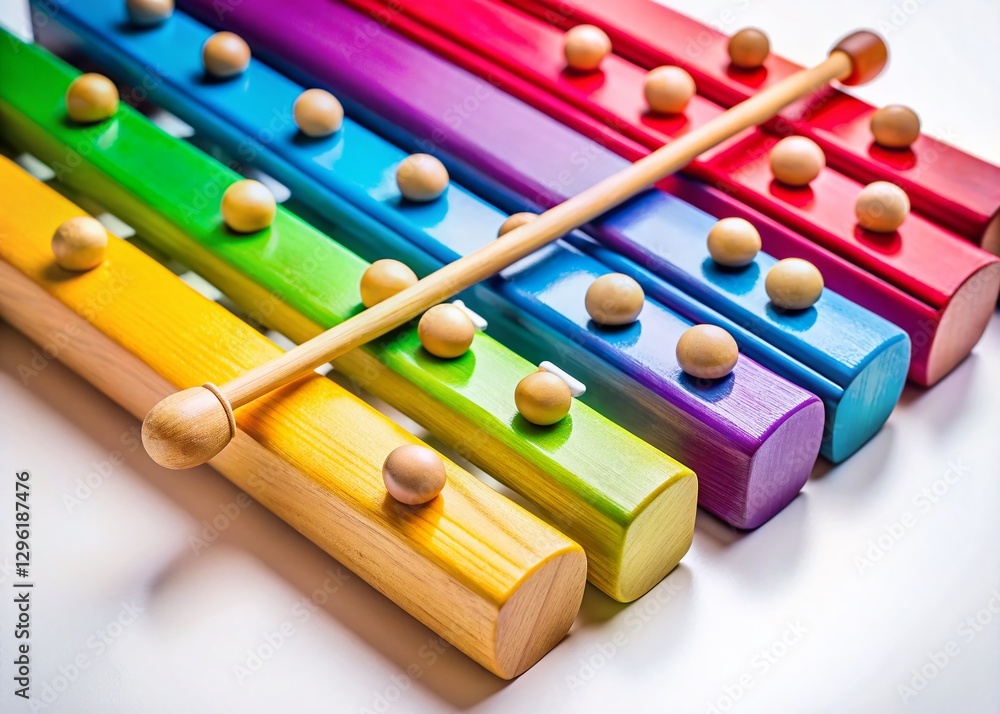 Naklejka premium Colorful Xylophone with Wooden Mallets on White Background - Musical Instrument Stock Photo