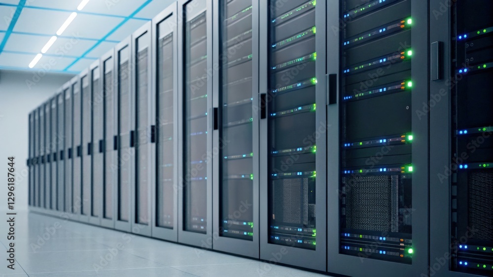 Cloud computing cost efficiency concept. Data center with rows of servers illuminated by green lights in a modern setting. Cloud computing cost efficiency concept. Data center with rows of servers illuminated by green lights in a modern setting.