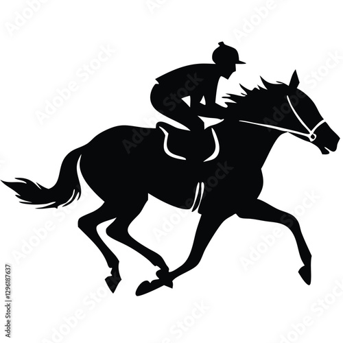 A black silhouette of a jockey riding a galloping horse, captured in mid-motion 