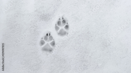 Interesting abstract white background with footprints of a cat or dog paws on the snow.