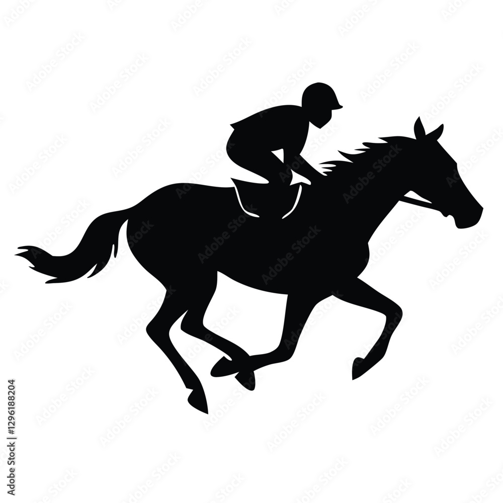 A black silhouette of a jockey riding a galloping horse, captured in mid-motion A black silhouette of a jockey riding a galloping horse, captured in mid-motion