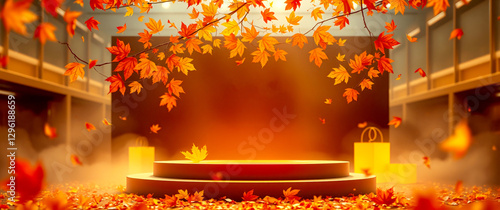 Gold Marble round podium with Autumn background scene with red maple leaves and wooden table. Natural seasonal for home decoration, design, product presentation, aesthetic style.