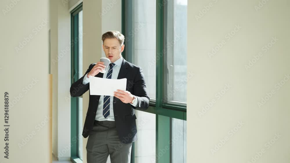 Businessman reviewing documents by the window of his office while drinking coffee - slow motion Businessman reviewing documents by the window of his office while drinking coffee - slow motion