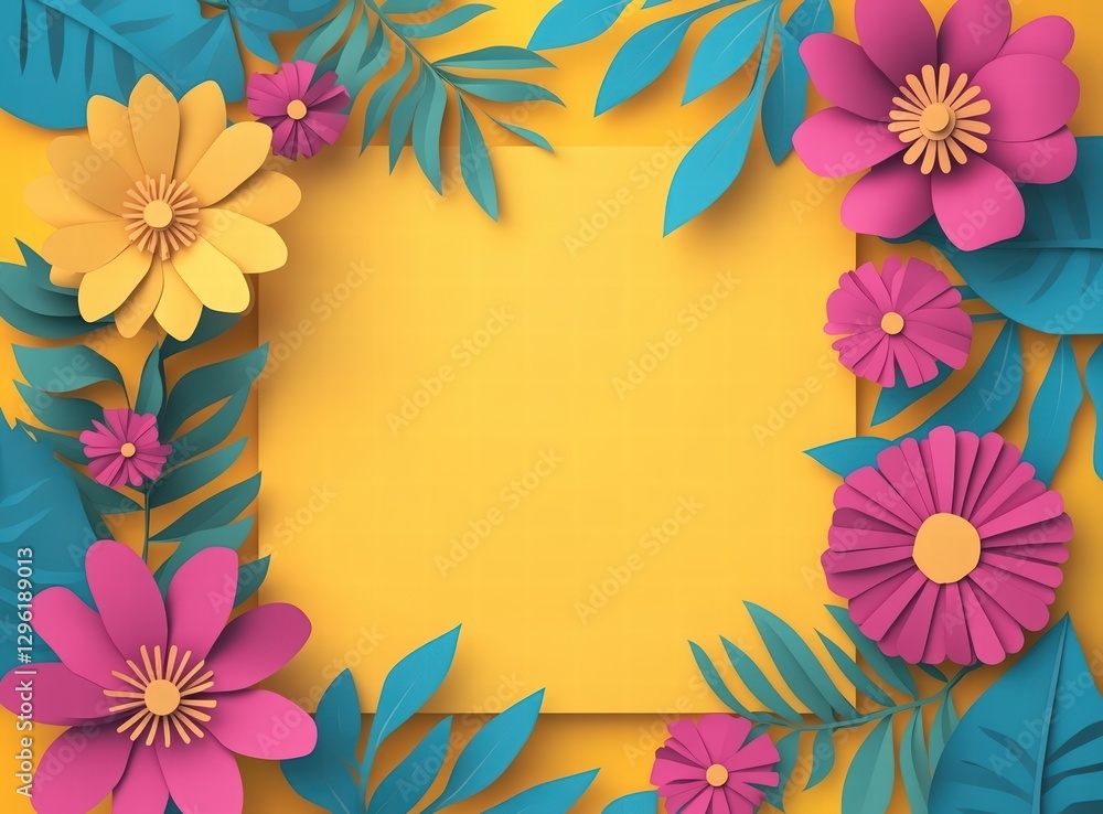 Fototapeta premium 3D summer sale ans spring sale banner template with paper-cut colorful flowers, leaves, and hanging ribbons. Summer special offer poster design for sales promotion in a shop or online store, web site 