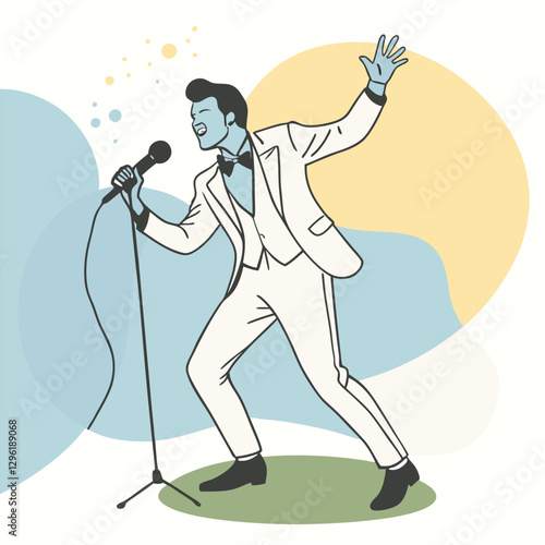 A black silhouette of a male singer passionately performing on stage, holding a microphone 