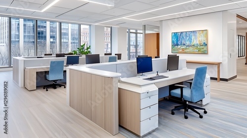 Modern Office Workspace with Light Wood Desks Blue Chairs and City View