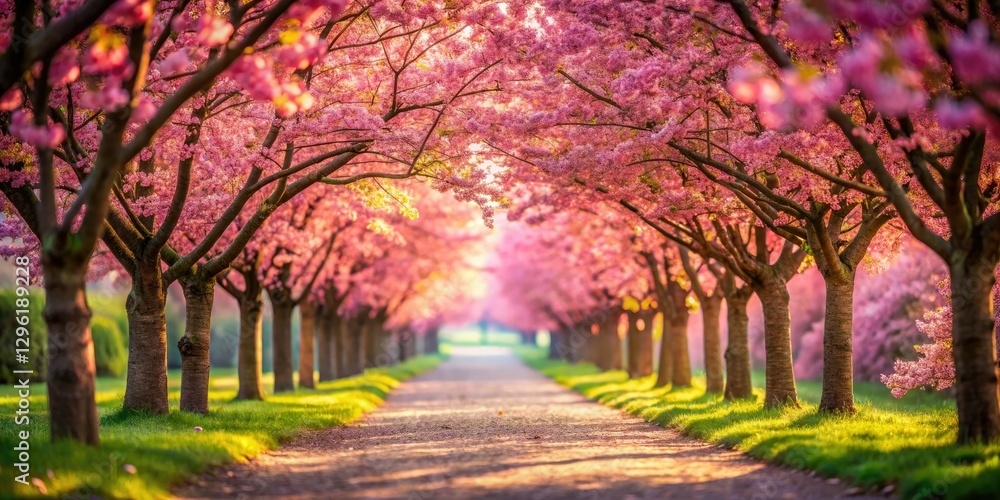 Naklejka premium Spring's gentle bloom: a tilt-shift perspective transforms a Japanese garden's cherry blossom path into enchantment.