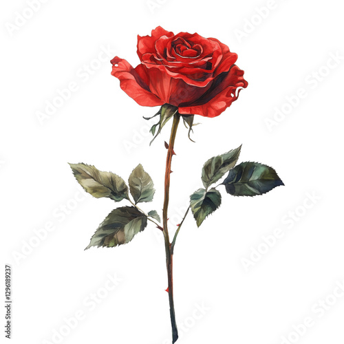 Fototapeta Naklejka Na Ścianę i Meble -  beautiful red rose with green leaves, isolated on transparency background, symbolizing love and passion