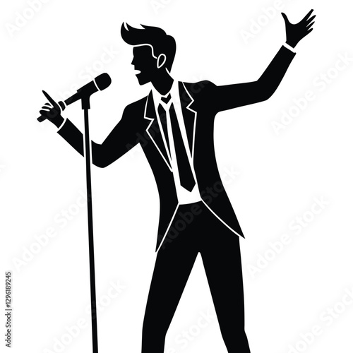 A black silhouette of a male singer passionately performing on stage, holding a microphone 
