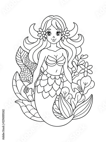 Fantasy Mermaid Surrounded by Ocean Flora and Fauna – Adult Coloring Page on White Background