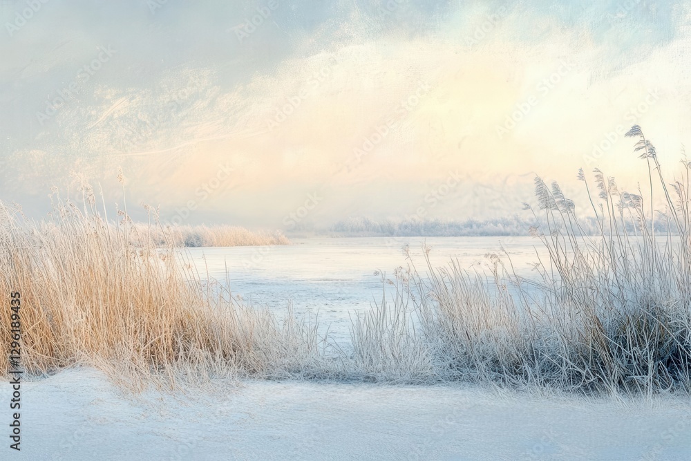 frozen riverbank with icecrusted reeds under a pale winter sky soft blues and whites faint wind whispering crisp arctic stillness pristine natural beauty frozen riverbank with icecrusted reeds under a pale winter sky soft blues and whites faint wind whispering crisp arctic stillness pristine natural beauty