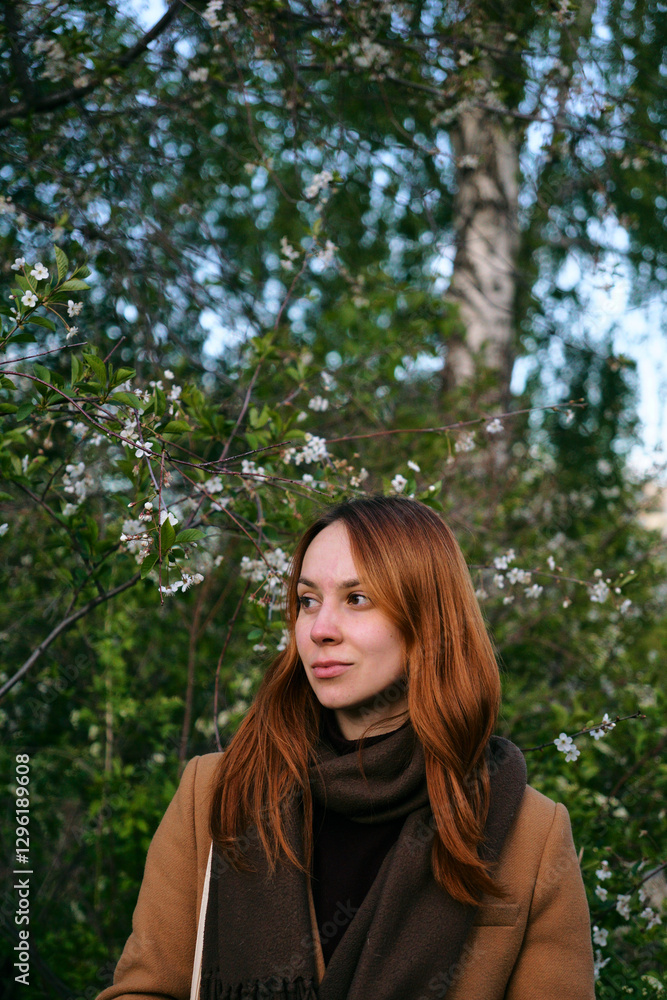 A young woman in a coat with a scarf with red hair and a wide smile in a garden with flowering trees on a spring evening. A walk in the spring park A young woman in a coat with a scarf with red hair and a wide smile in a garden with flowering trees on a spring evening. A walk in the spring park